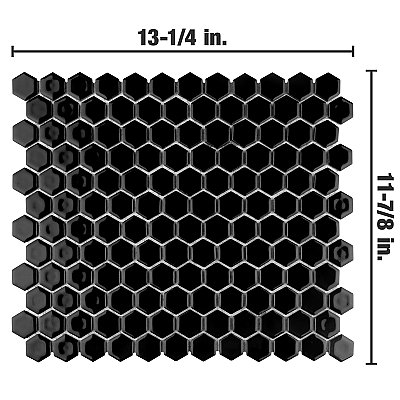Hudson 1" Hex Glossy Black 11-7/8" x 13-1/4" Porcelain Mosaic Tile - Case of 10 Pieces - 11.2 Square Feet Per Case