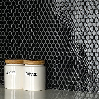 Hudson 1" Hex Glossy Black 11-7/8" x 13-1/4" Porcelain Mosaic Tile - Case of 10 Pieces - 11.2 Square Feet Per Case