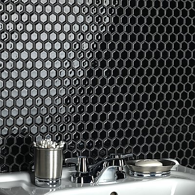 Hudson 1" Hex Glossy Black 11-7/8" x 13-1/4" Porcelain Mosaic Tile - Case of 10 Pieces - 11.2 Square Feet Per Case