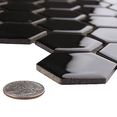 Hudson Due 2" Hex Glossy Black 10-7/8" x 12-5/8" Porcelain Mosaic Tile -10 Sheets Per Case -9.7 Sq. Ft.