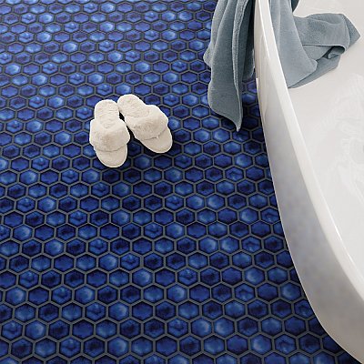 Hudson Due 2" Hex Glossy Sapphire 10-7/8" x 12-5/8" Porcelain Mosaic Tile - 8 Pieces Per Case - 15.44 Sq. Ft. Per Case