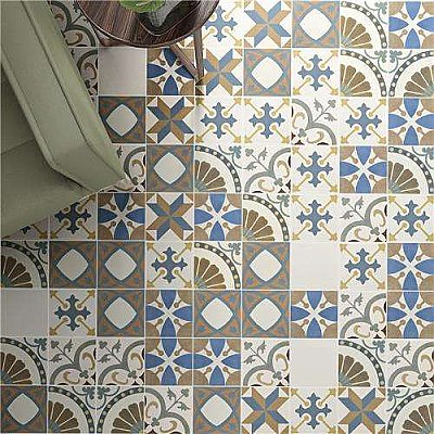 Revival Corner 7-3/4" x 7-3/4" Ceramic Tile - White, Orange, Blue - Per Tile - .42 Square Feet
