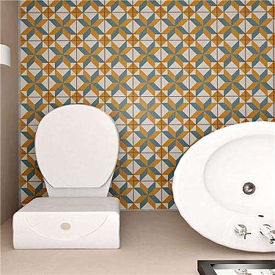 Revival Pattern 7-3/4" x 7-3/4" Ceramic Tile - White, Orange, Blue - Per Case of 25 Tile - 10.50 Square Feet