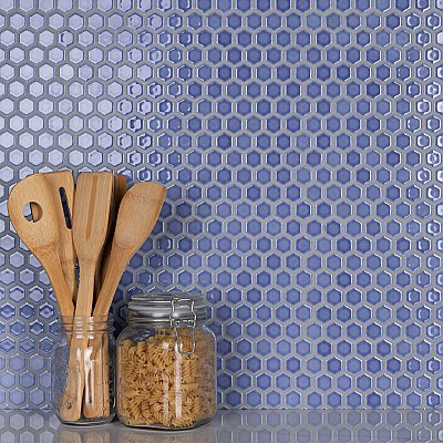Tribeca 1" Hex Glossy Periwinkle Blue Porcelain Mosaic Tile - Sold Per Case of 10 Sheets - 8.65 Square Feet Per Case