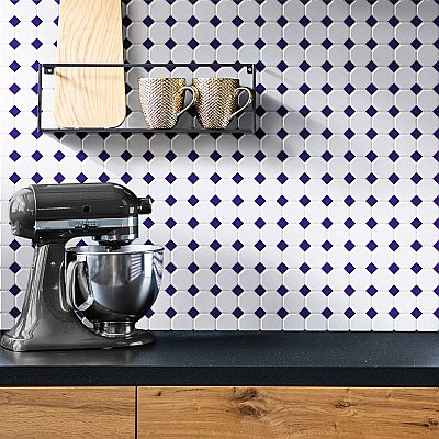 Metro Octagon M White w/Cobalt Dot 11-1/2" x 11-1/2" Porcelain Mosaic Tile - Sold Per Case of 10 - 9.4 Sq. Ft.