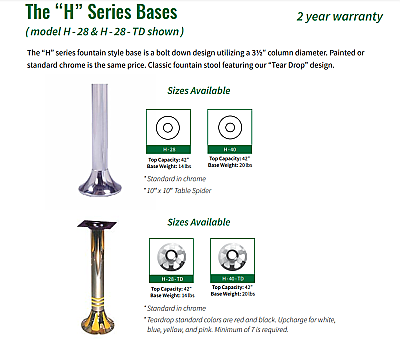 Fifties Series Retro "H" Series Chrome Fountain Style Table Base with Teardrops & Pin Stripes - Multiple Color Choices