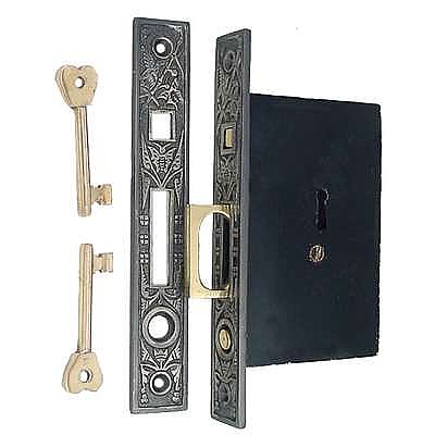 Butterfly Pocket Door Mortise Lock Set for Single Door, Antique Nickel
