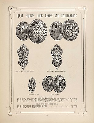 Antique Wrought Bronze Aesthetic Pattern Entry Door Knob Pair by Hopkins & Dickinson - Circa 1874
