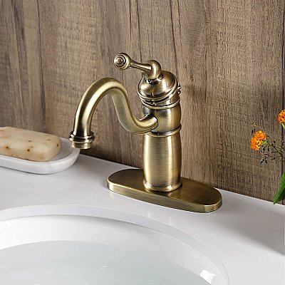 Victorian Single-Handle Monoblock Bathroom Faucet with Pop-Up Drain - Antique Brass