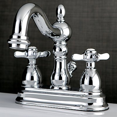Kingston Chrome 4-Inch Centerset Lavatory Faucet - Metal and Porcelain Cross Handles - Polished Chrome