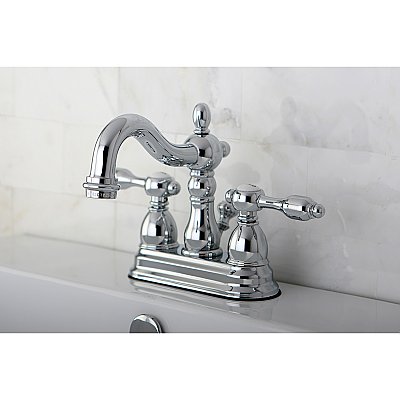 Kingston Chrome 4-Inch Centerset Lavatory Faucet - Metal and Porcelain Lever Handles - Polished Chrome