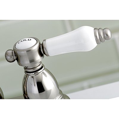 Kingston Brass 4-Inch Centerset Lavatory Faucet - Metal and Porcelain Levers - Brushed Nickel