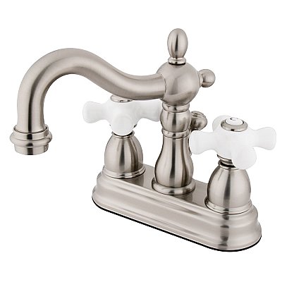Kingston Brass 4-Inch Centerset Lavatory Faucet - Porcelain Cross Handles - Brushed Nickel