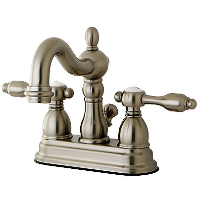Kingston Brass 4-Inch Centerset Lavatory Faucet - Metal and Porcelain Lever Handles - Brushed Nickel