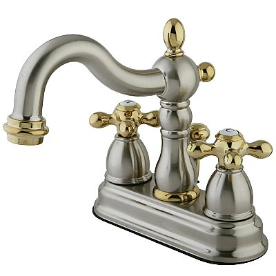 Kingston Brass 4-Inch Centerset Lavatory Faucet - Metal and Porcelain Cross Handles - Brushed Nickel/Polished Brass