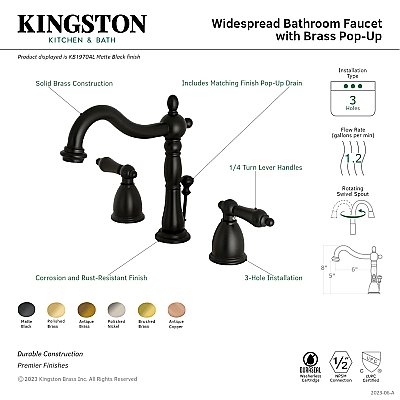 Heritage Widespread Sink Faucet - Metal Lever Handles - Polished Brass