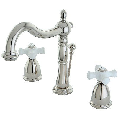 Heritage Widespread Sink Faucet - Porcelain Cross Handles - Polished Nickel