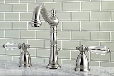 Heirloom Wilshire Widespread Sink Faucet - Crystal Lever Handles - Satin Nickel