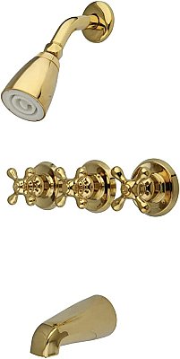 Tub and Shower Faucet Valves and Trim Kit with Metal Cross Handles - Polished Brass