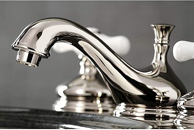 Heritage Widespread Sink Faucet - Porcelain Cross Handles - Polished Nickel