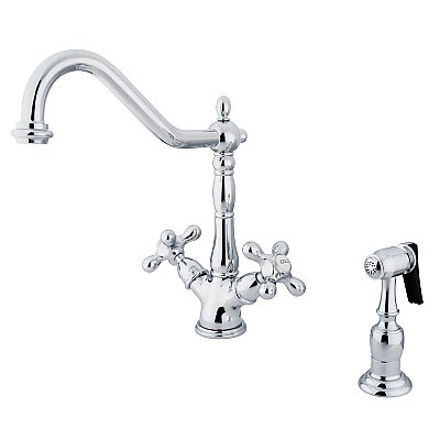 Heritage Two-Handle 2-or-4 Hole Deck Mount Kitchen Faucet with Brass Sprayer - Polished Chrome