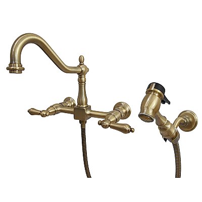 Heritage Wall Mount Bridge Kitchen Faucet with Brass Spray -  Antique Brass