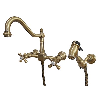 Heritage Wall Mount Bridge Kitchen Faucet with Brass Spray -  Antique Brass