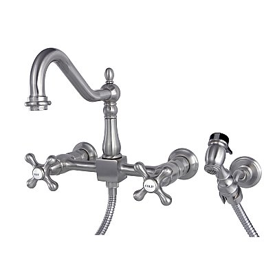 Heritage Wall Mount Bridge Kitchen Faucet with Brass Spray -  Brushed Nickel