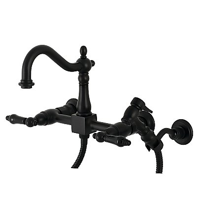 Duchess Wall Mount Bridge Kitchen Faucet with Brass Sprayer -  Matte Black