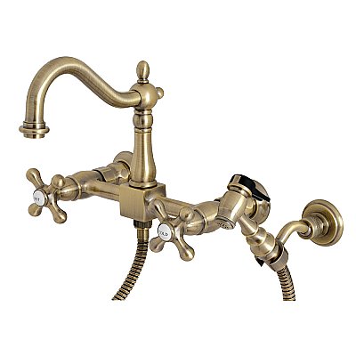 Heritage Wall Mount Bridge Kitchen Faucet with Brass Sprayer -  Antique Brass