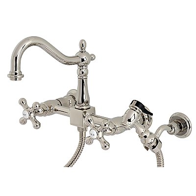 Heritage Wall Mount Bridge Kitchen Faucet with Brass Sprayer -  Polished Nickel