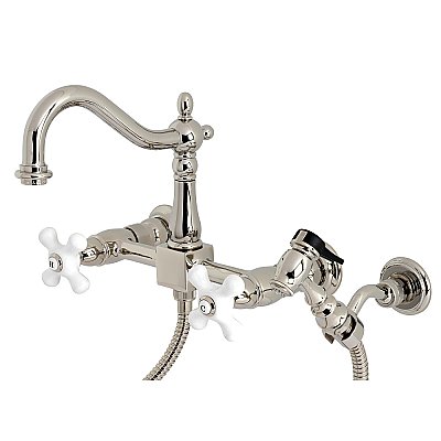 Heritage Wall Mount Bridge Kitchen Faucet with Brass Sprayer -  Polished Nickel