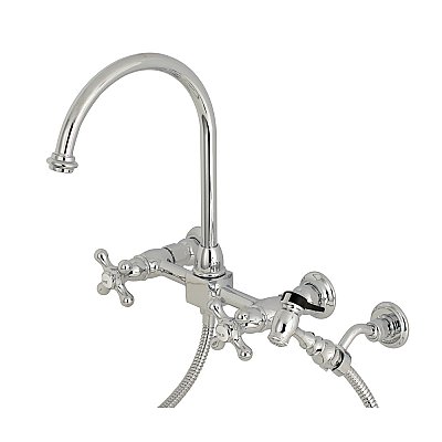 Restoration Wall Mount Bridge Kitchen Faucet with Brass Sprayer -  Polished Chrome