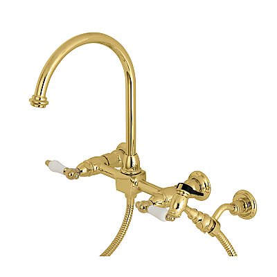 Restoration Wall Mount Bridge Kitchen Faucet with Brass Sprayer -  Polished Brass