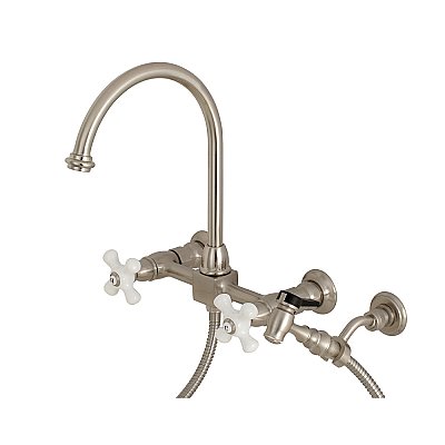 Restoration Wall Mount Bridge Kitchen Faucet with Brass Sprayer -  Brushed Nickel