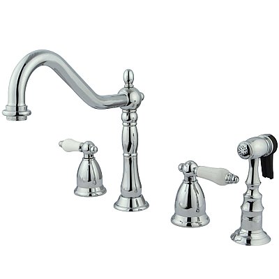 Heritage Widespread Deck Mount Kitchen Faucet with Brass Sprayer - Porcelain Lever Handles - Polished Chrome