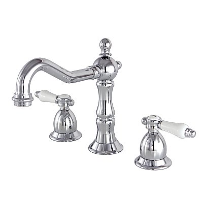 Heritage Widespread Sink Faucet - Porcelain Button Lever Handles - Polished Chrome