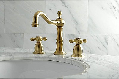 Heritage Widespread Sink Faucet - Metal Cross Handles - Brushed Brass