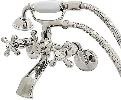 Wall Mount Clawfoot Tub Faucet with Hand Shower - Adjustable Center - Metal Cross Handles - Polished Nickel