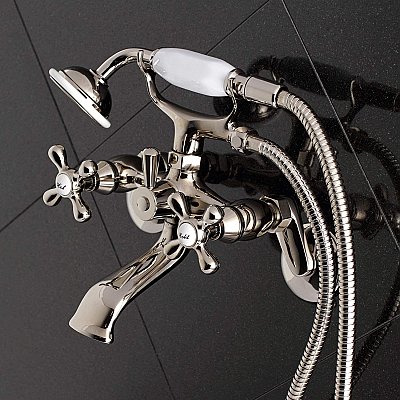 Wall Mount Clawfoot Tub Faucet with Hand Shower - Adjustable Center - Metal Cross Handles - Polished Nickel