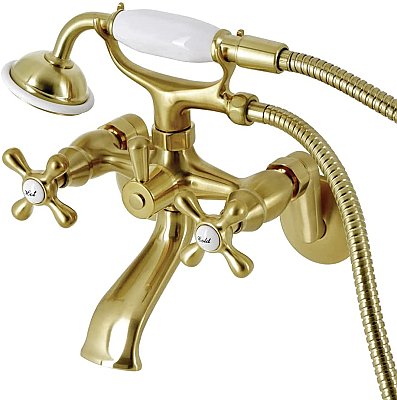 Wall Mount Clawfoot Tub Faucet with Hand Shower - Adjustable Center - Metal Cross Handles - Brushed Brass