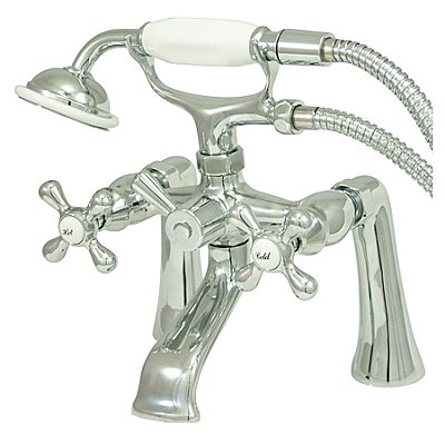 Wall Mount Clawfoot Tub Faucet with Hand Shower - 7" on Center - Metal Cross Handles - Polished Chrome