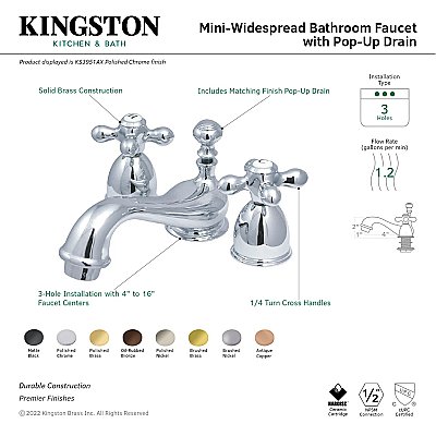 Kingston Heirloom KS3952AX - Restoration Two-Handle 3-Hole Deck Mount Mini-Widespread Bathroom Faucet with Brass Pop-Up - Polished Brass