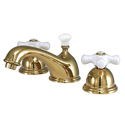 Restoration Widespread Lavatory Faucet - Porcelain Cross Handles - Polished Brass