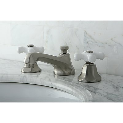 Metropolitan Widespread Lavatory Sink Faucet - Porcelain Cross Handles - Brushed Nickel