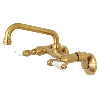 Wall Mount Kitchen Faucet - Satin Brass - Porcelain Lever Handles