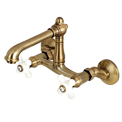 English Country 6-Inch Adjustable Center Wall Mount Kitchen Faucet -  Antique Brass