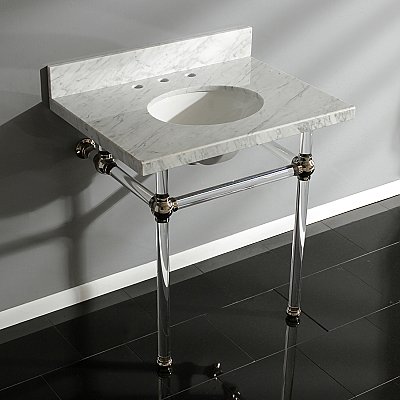 Fauceture Templeton 30" Wide Carrara Marble Bathroom Console Vanity with Acrylic Legs - Polished Nickel