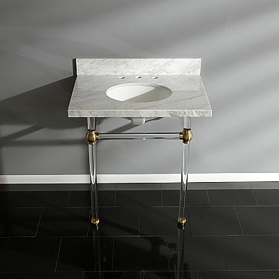 Fauceture Templeton 30" Wide Carrara Marble Bathroom Console Vanity with Acrylic Legs - Satin Brass