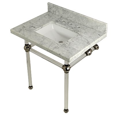 Kingston Brass 30" Wide Carrara Marble Vanity with Sink & Acrylic Legs - Polished Nickel